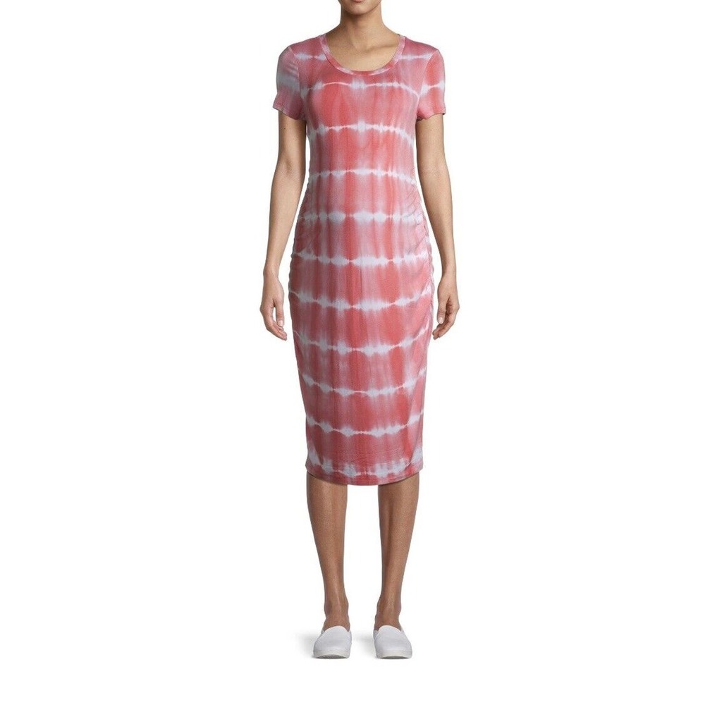Maternity short sleeve Bodycon Daytime Dress coral pink ruching side fit Medium